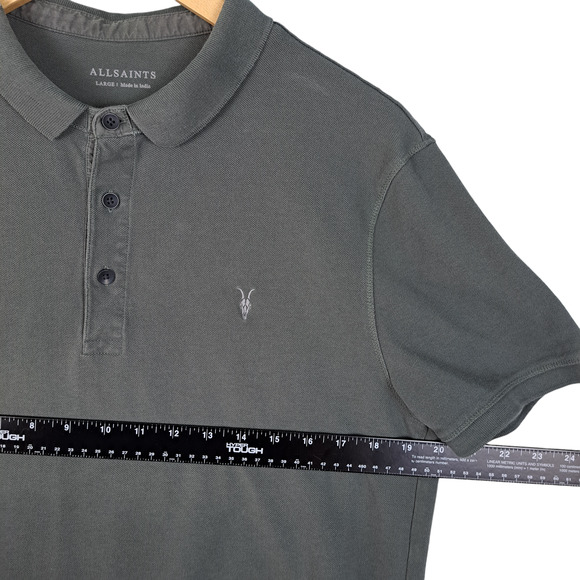 All Saints Form Short Sleeve Polo Shirt Mens Size Large Gray Ramskull Logo - Picture 3 of 8